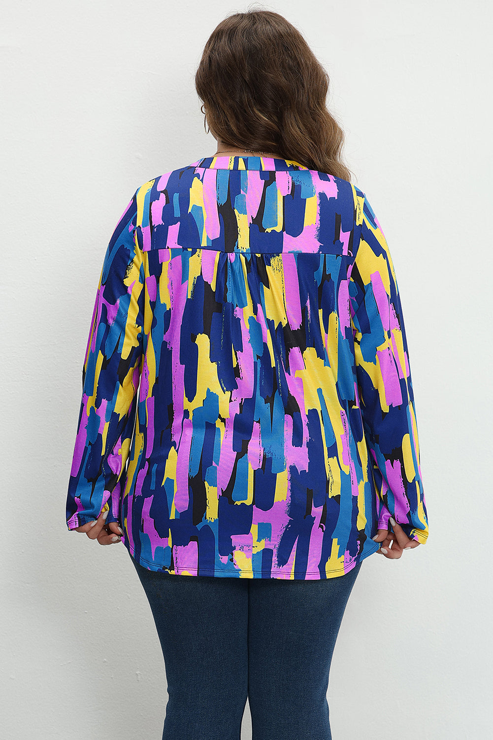 Blauwe grote maat blouse met penseelstreekprint en 3/4 mouwen