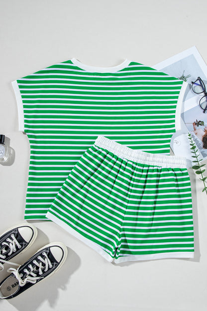 Donkergroene streepje mouw T -shirt en shorts set