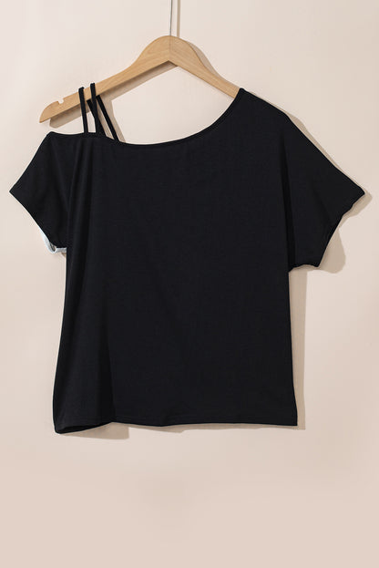 Black Asymmetric Colorblock Strappy Cold Shoulder Twist Hem Top