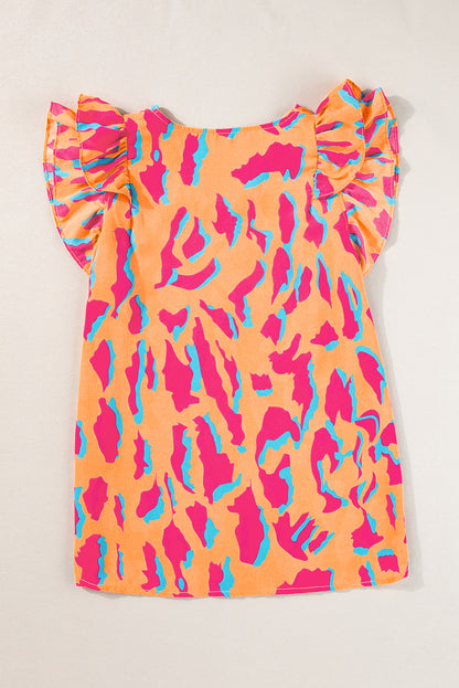 Oranje blouse met abstracte print, V-hals en ruches aan de mouwen