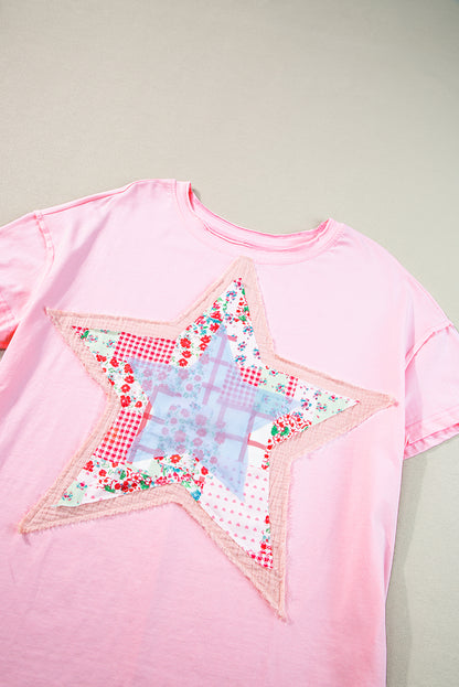 Los T-shirt met roze sterrenpatchwork