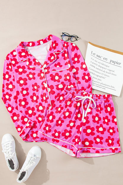 Roze bloemenprint shirt met lange mouwen, shorts, pyjamaset