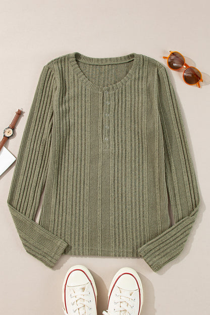 Jungle Green Ribbed Knit Half Button Slim Fit Blouse