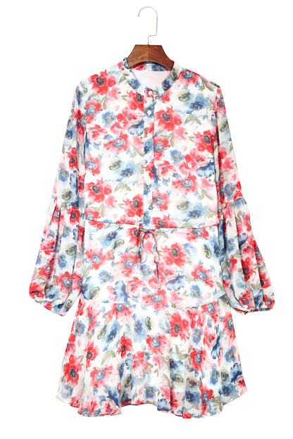 Sky Blue Vintage Floral Print Drawstring Flowy Dress