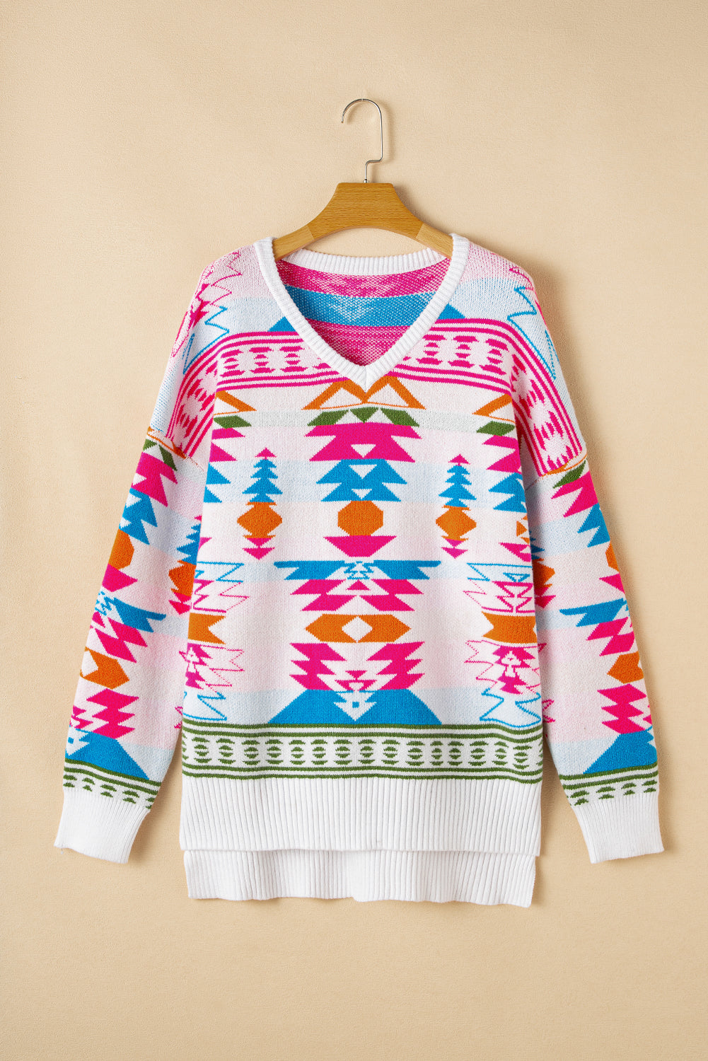 Witte oversized Aztec print high low V-hals trui