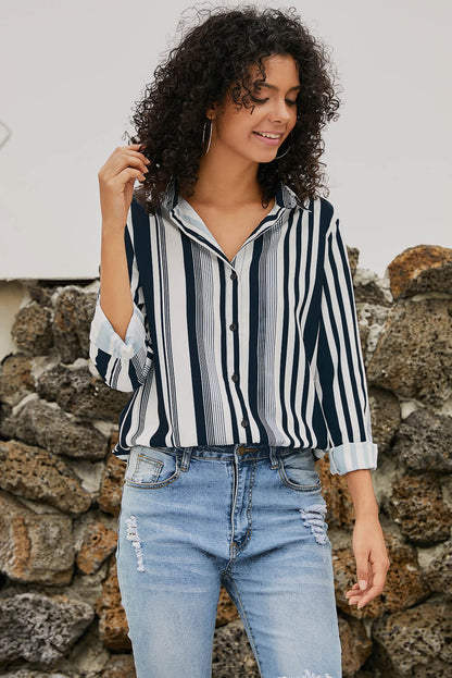 White Navy Striped Modern Women Shirt