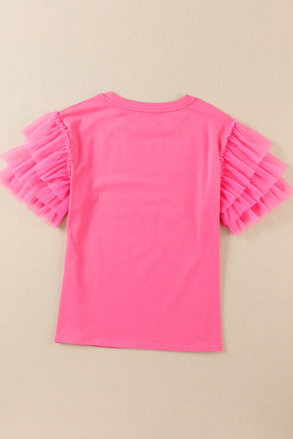 Roze tule blouse met ruches aan de mouwen