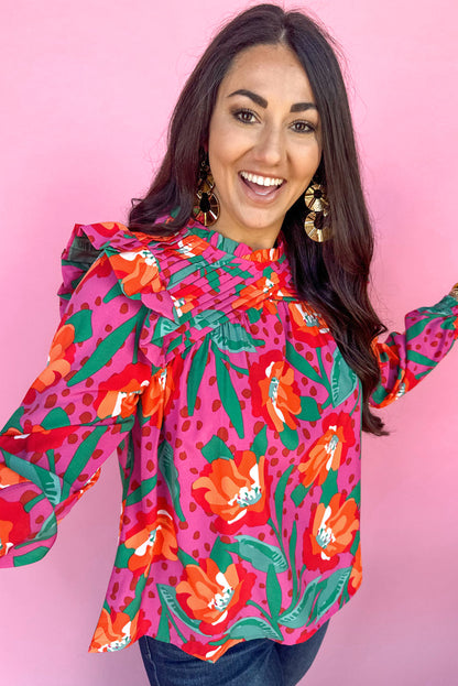 Roze bloemenprint geplooide ruches O-hals plus maat blouse