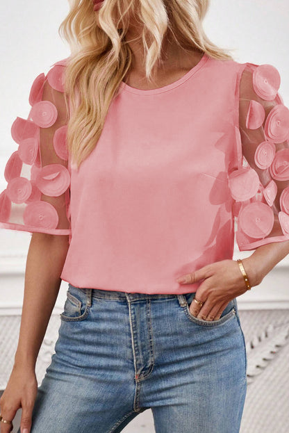 Stoffige roze contrasterende appliqué mesh blouse met halve mouwen