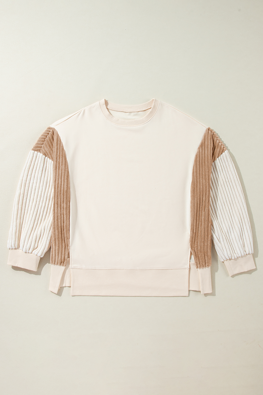 Abrikoos Corduroy Patchwork Drop Shoulder Sweatshirt met Lange Mouwen