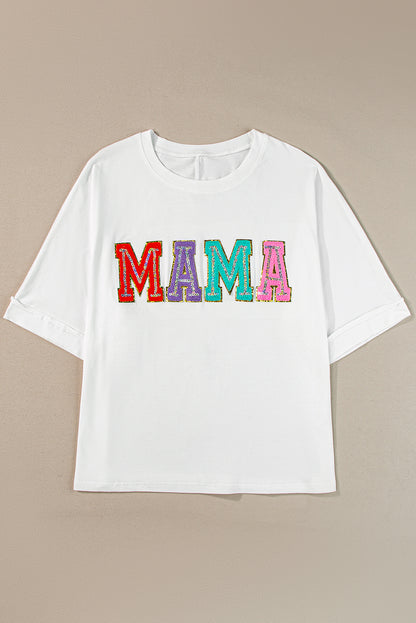 White MAMA Chenille Patched Crew Neck T Shirt