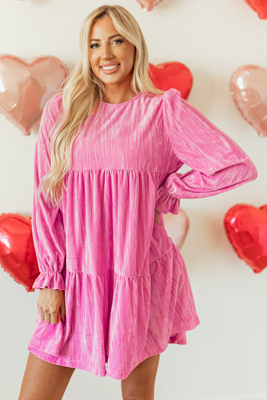 Strawberry Pink Flounce Sleeve gelaagde gegolfde fluwelen mini -jurk