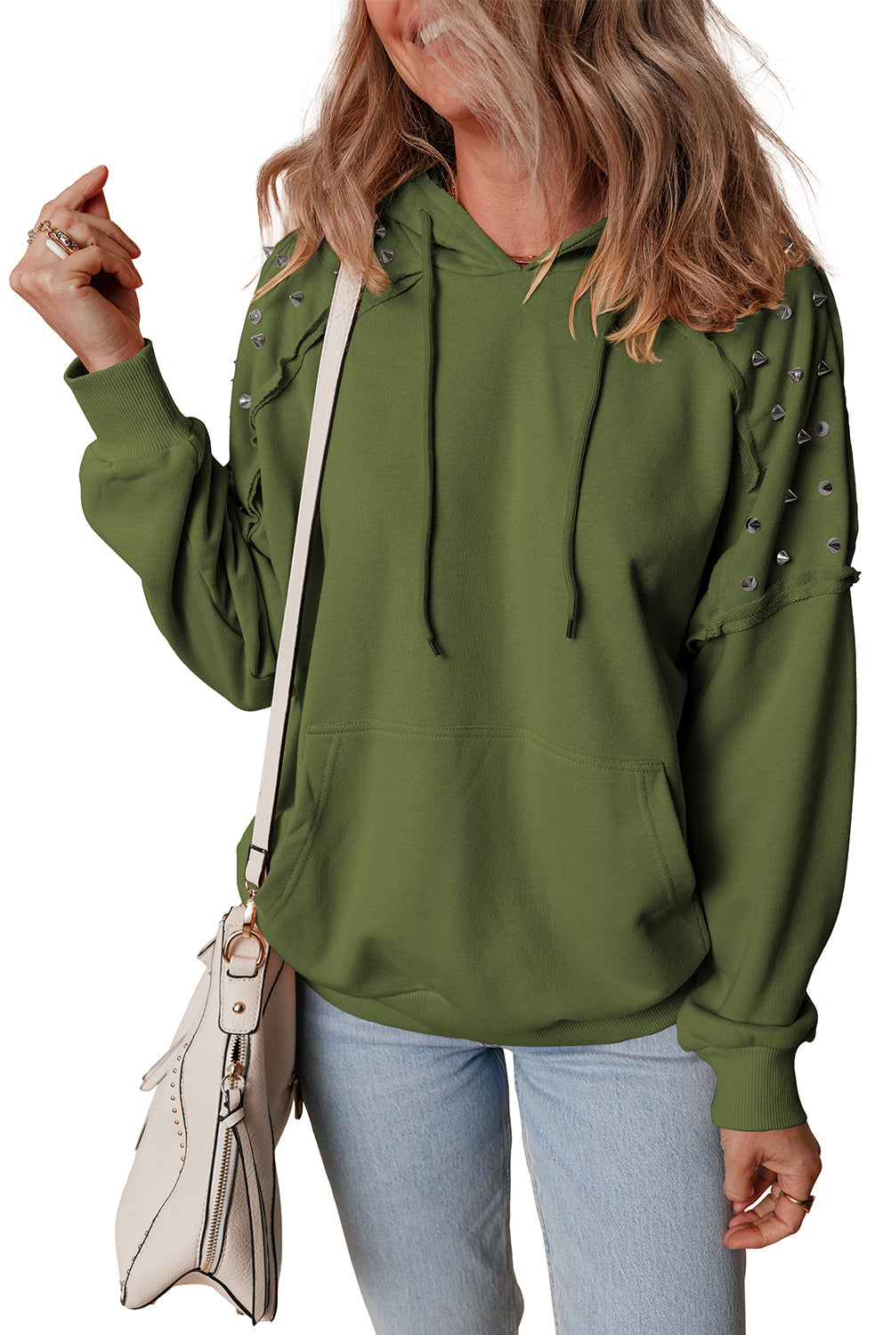 Vineyard Green Solid Color Rivet Stud Raglan Sleeve Hoodie with Pocket