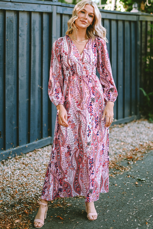 Veelkleurige Boho Paisley-print V-hals Empire taille maxi-jurk