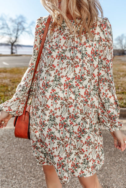 Witte bloemenprint mini-jurk met lange mouwen