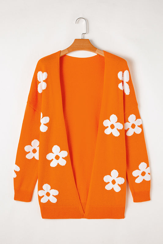 Oranje bloemenprint gebreid los vest met open voorkant