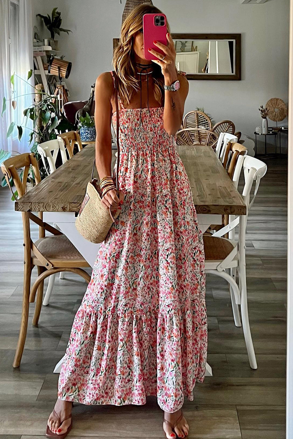 Witte Boho bloemen gesmokte maxi-jurk met ruches