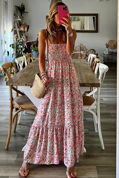 Witte Boho bloemen gesmokte maxi-jurk met ruches