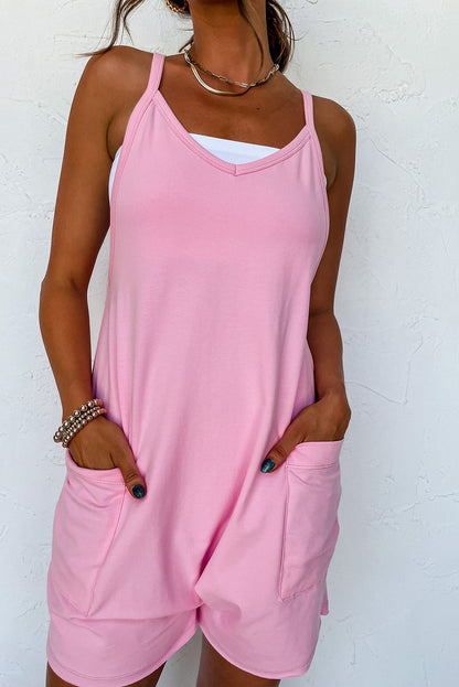 Roze mouwloze jersey romper met V-hals en zakken