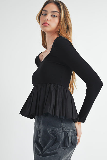 Black geribbeld gebreide schep met lange mouwen Peplum patchwork top