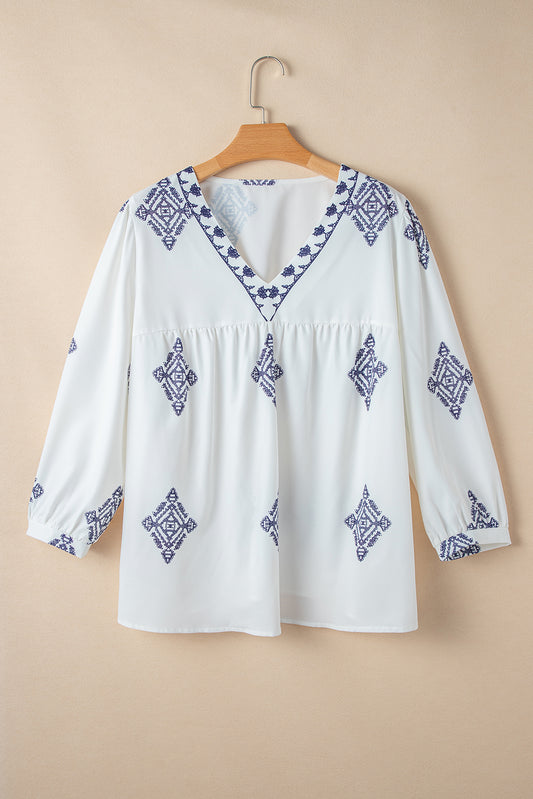 Witte Boho Geometrische Print V-hals Armband Mouw Plus Size Blouse