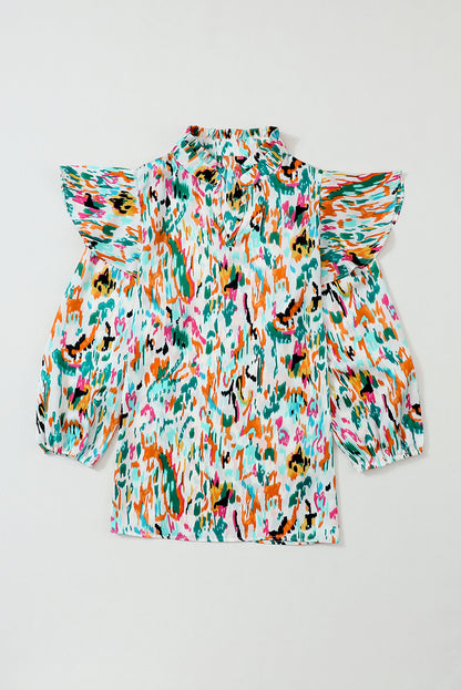 Veelkleurige blouse met 3/4 pofmouwen en ruches met abstracte print