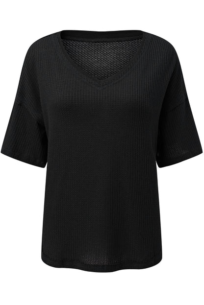 Black Waffle Knit Drop Shoulder Loose Top