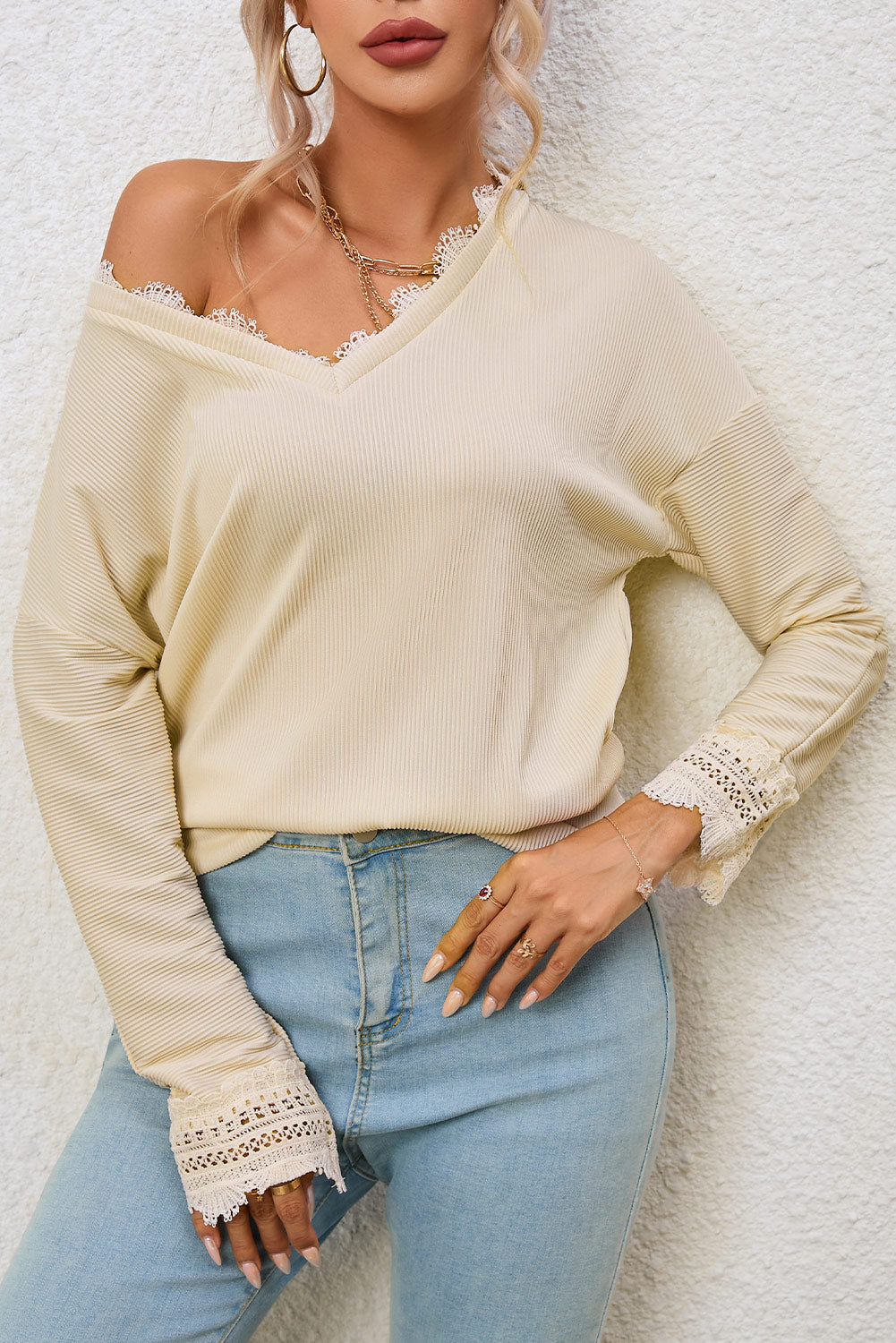 Apricot Ribbed Texture Lace Trim V Neck Long Sleeve Top