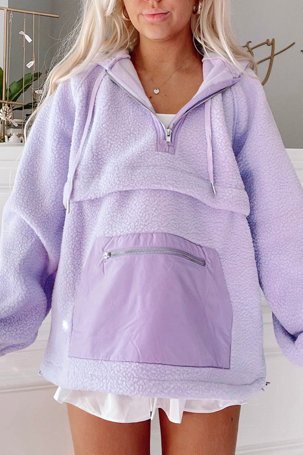 Lavendula zip Patch Pocket fuzzy trekkoord hoodie