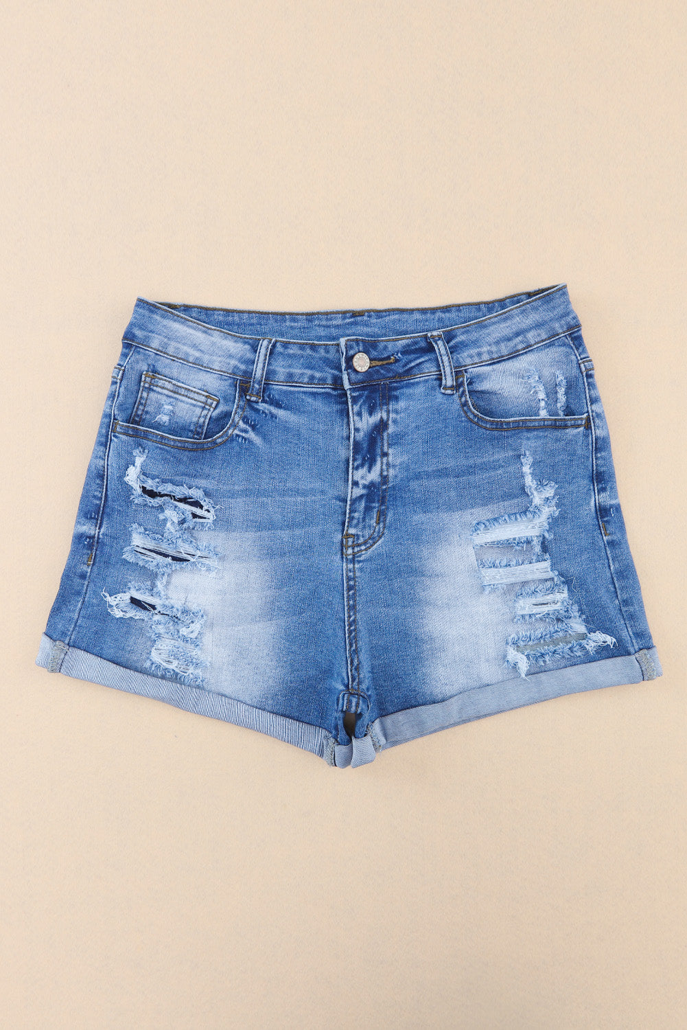 Hemelsblauwe vintage noodlijdende denim shorts met hoge taille en zakken