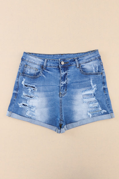 Hemelsblauwe vintage noodlijdende denim shorts met hoge taille en zakken