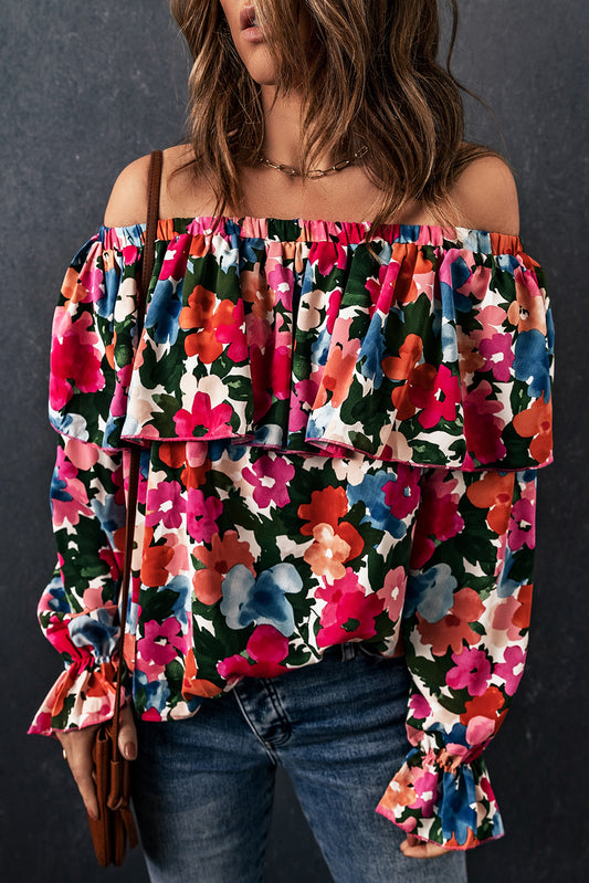 Off-shoulder blouse met bloemenprint en ruches