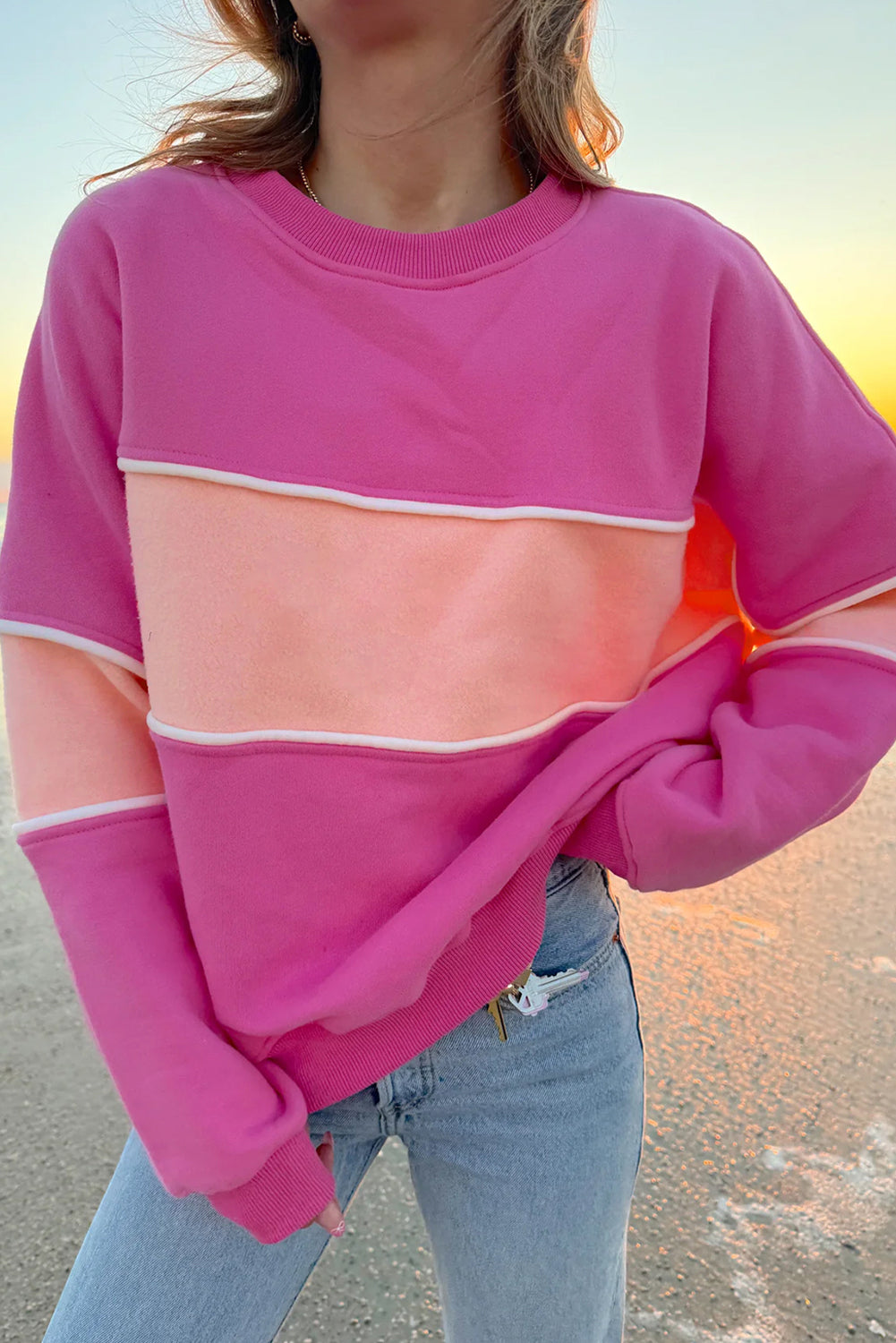 Sachet Roze Colorblock Patchwork Drop Shoulder Geribbelde Afwerking Sweatshirt