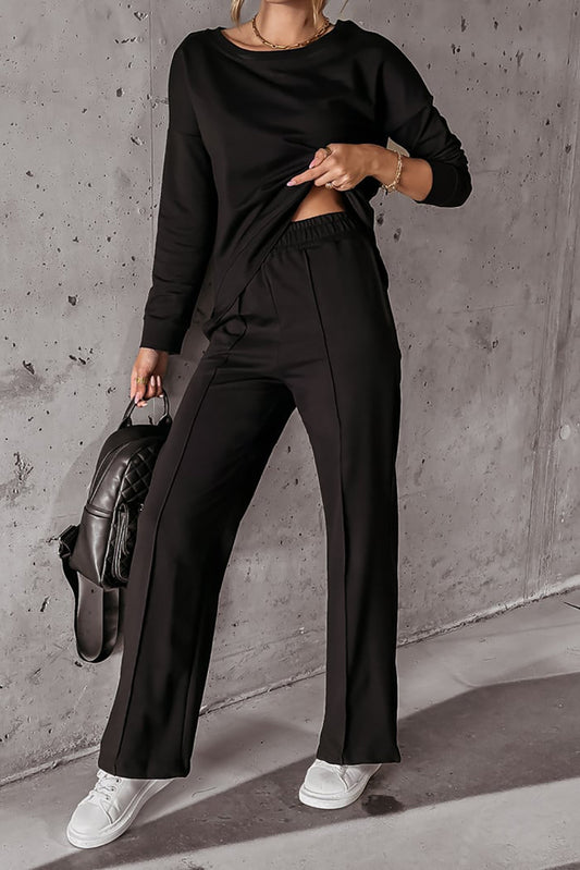 Black Solid Pullover and Seamed Casual Pants Set