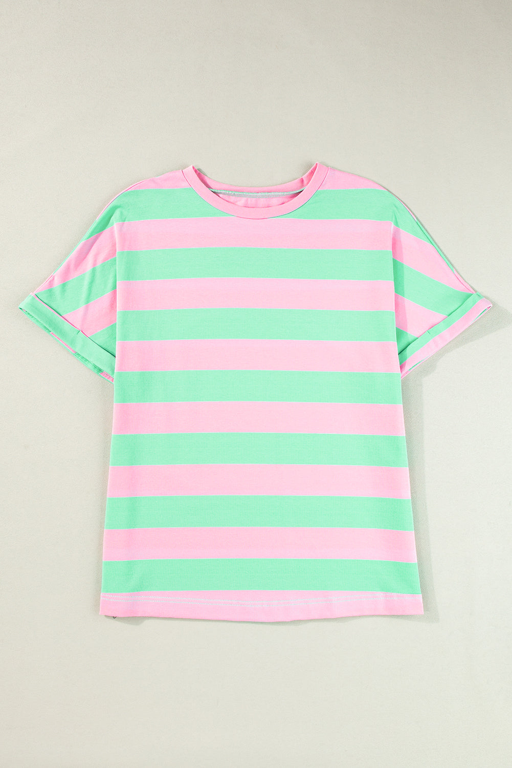 Roze gestreept los T-shirt met colorblock mouwen en manchetten