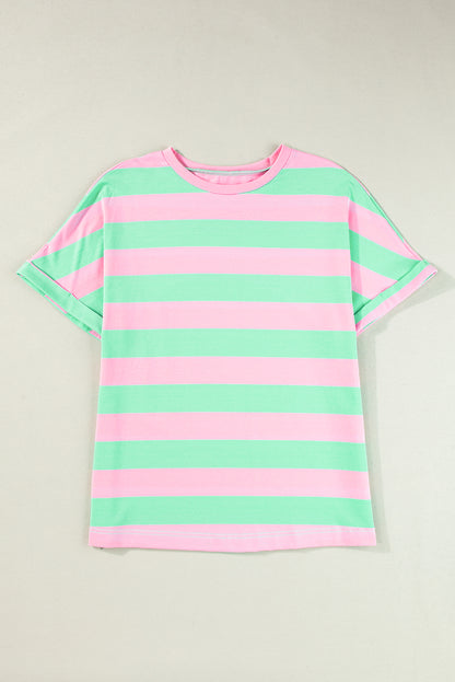 Roze gestreept los T-shirt met colorblock mouwen en manchetten