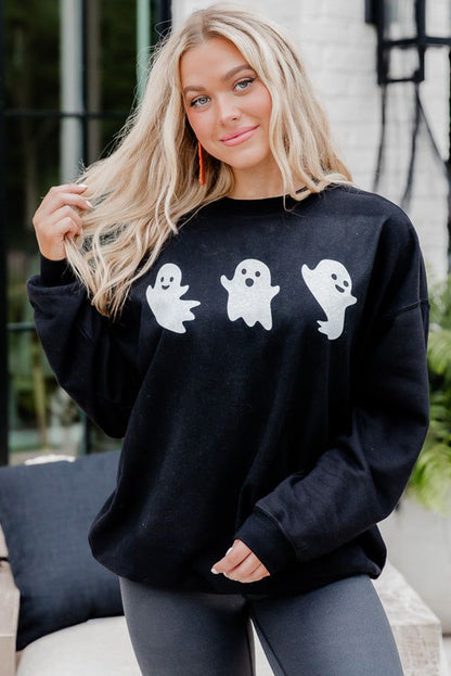 Zwarte Halloween Ghosts Print Ronde Hals Sweatshirt