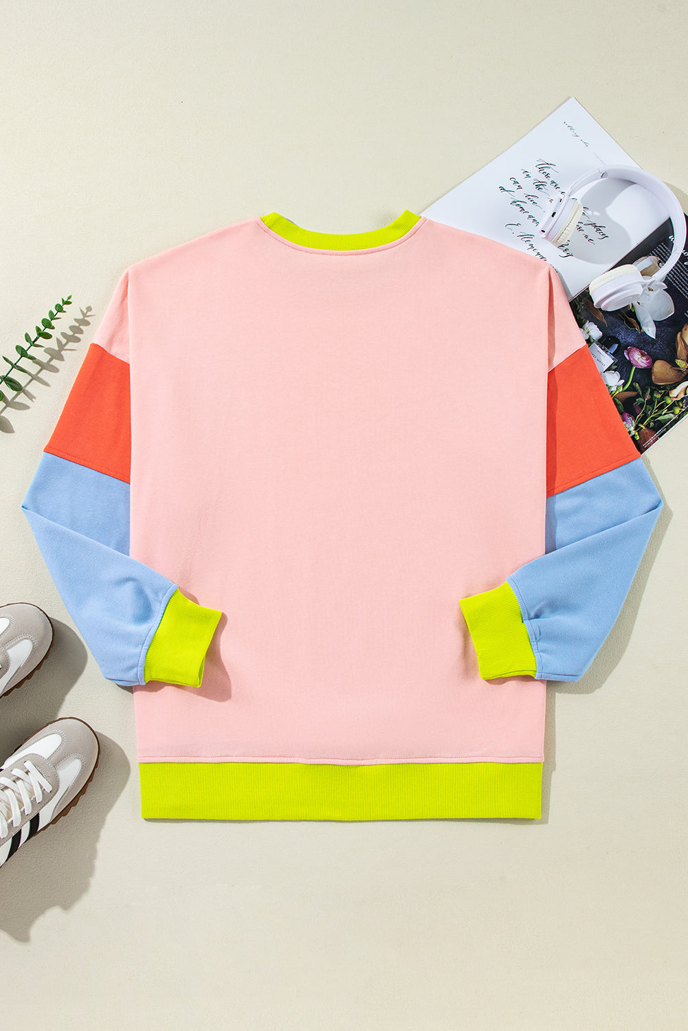 Lichtroze grote maten colorblock sweatshirt met patchwork en ronde hals