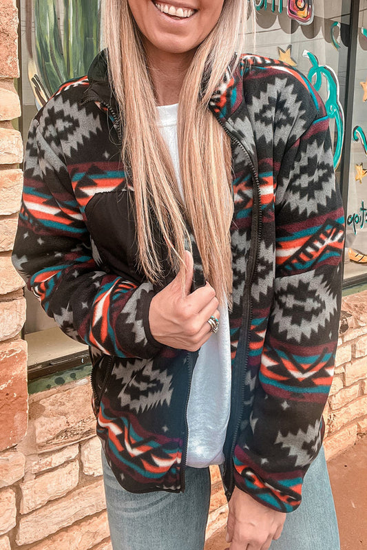 Zwart Aztec Gedrukt Zip Up kraagjas