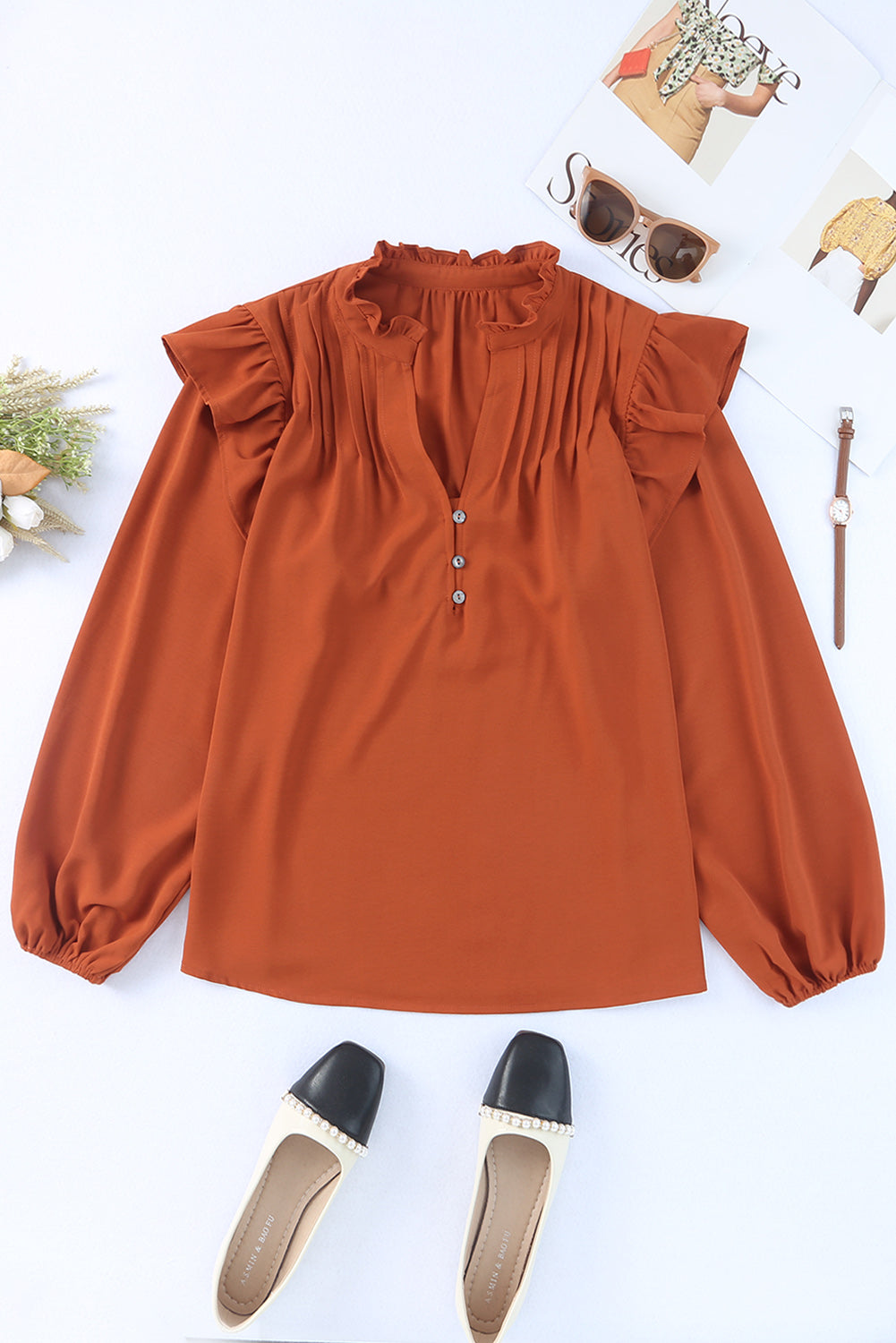 Orange Ruffled Pleated Buttoned V Neck Blouse