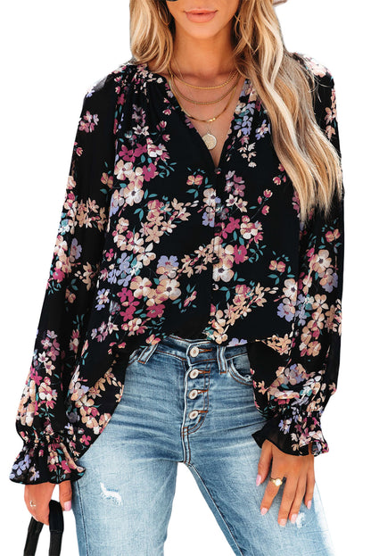 Zwarte chiffon blouse met wilde bloemenprint