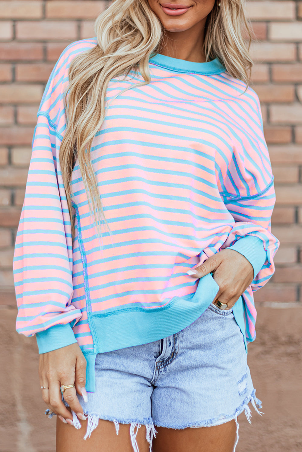 Sky Blue Stripe Contrast Trim High Low Pullover Tunic Sweatshirt