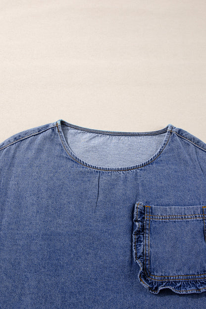 Hemelsblauwe 3/4-mouw gerimpelde denim blouse met opgestikte zakken