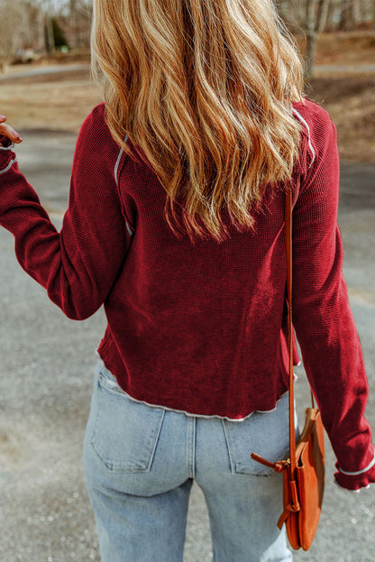 Fiery Red Textured Round Neck Long Sleeve Top