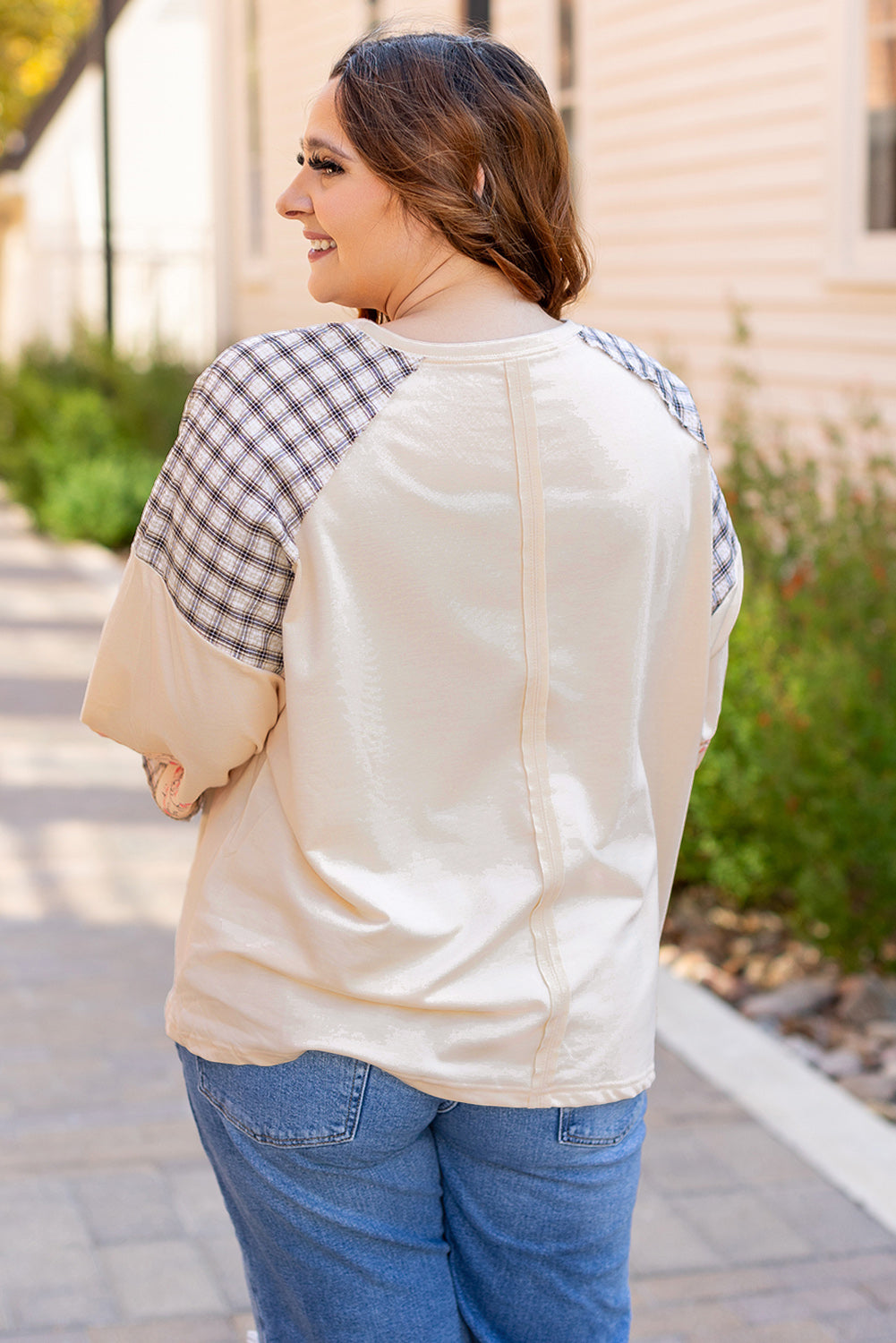 Clearly Aqua Plaid Floral Peace Heart Graphic Wide Long Sleeve Top