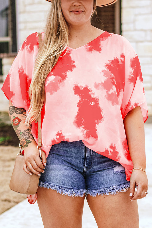 Rode tuniektop met tie-dye print en 3/4 mouwen in rood