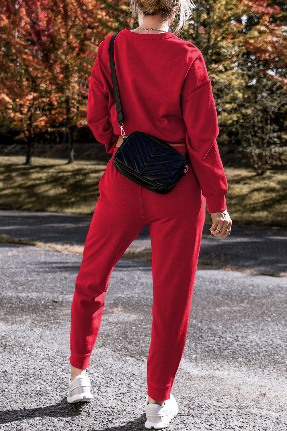 Racing Red Solid Color High Low Pullover and Skinny Pants Set