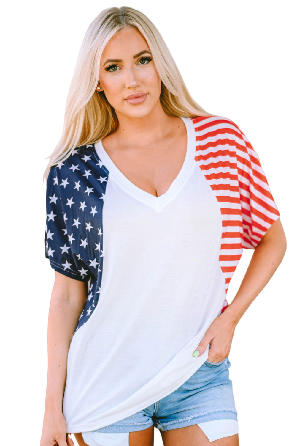 Wit het Amerikaanse Stars and Stripes T-shirt met V-hals