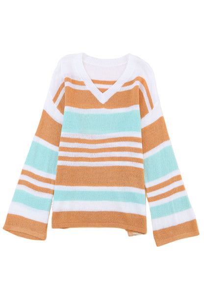 Multicolor Colorblock Stripe Long Sleeve Split Sweater