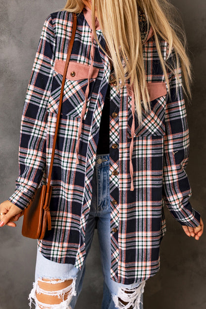 Pink Contrast Hooded Drawstring Plaid Shacket